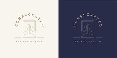 Pray hands gesture logo emblem design template illustration in minimal line art style vector