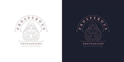 Female portrait logo emblem design template illustration in minimal line art style vector