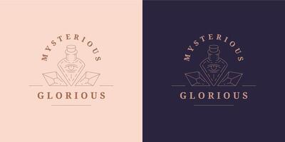 Magic vial with gemstones logo emblem design template illustration in minimal line art style vector