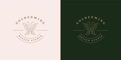 Delicate butterfly logo emblem design template illustration in minimal line art style vector