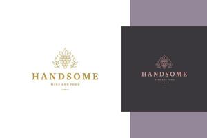 Minimal illustration of elegant outline emblem template with bunch of grapes and leaves line style vector
