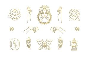 line feminine decoration design elements set - female face and gesture hands illustrations minimal linear style vector