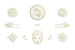 line feminine decoration design elements set - female face and gesture hands illustrations minimal linear style vector