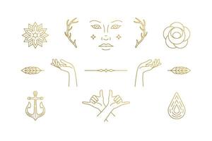 line feminine decoration design elements set - female face and gesture hands illustrations minimal linear style vector