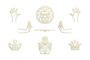 line elegant decoration design elements set - lion head and gesture hands illustrations minimal linear style vector