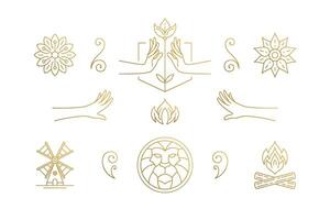 line elegant decoration design elements set - lion head and gesture hands illustrations minimal linear style vector