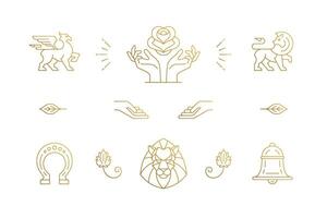 line elegant decoration design elements set - lion head and gesture hands illustrations minimal linear style vector