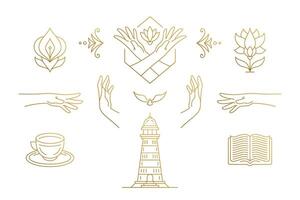 line elegant decoration design elements set - flowers and gesture hands illustrations minimal linear style vector