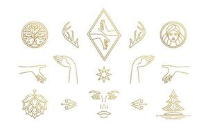 line feminine decoration design elements set - female face and gesture hands illustrations minimal linear style vector