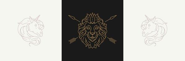 Magical heads of unicorns and lion with arrows in linear style illustrations set. vector