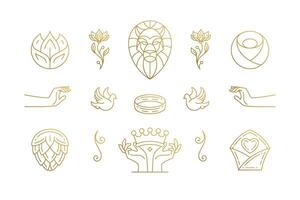 line elegant decoration design elements set - lion head and gesture hands illustrations minimal linear style vector