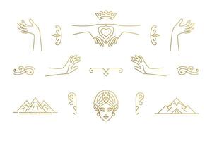 line feminine decoration design elements set - female face and gesture hands illustrations minimal linear style vector