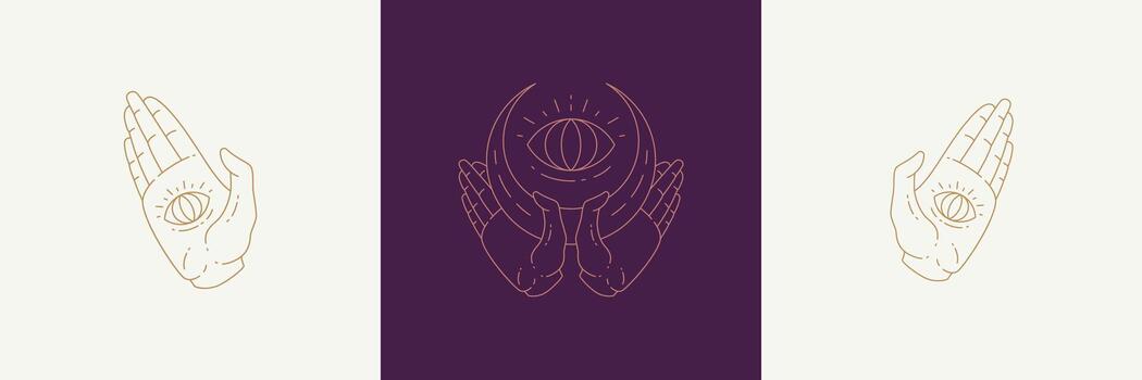 Magic eyes and hand palms with moon in boho linear style illustrations set. vector