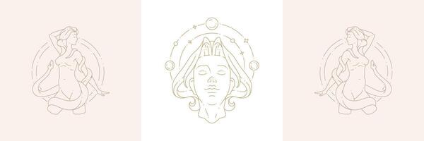 Magic female nature enchantress and snake in boho linear style illustrations set. vector
