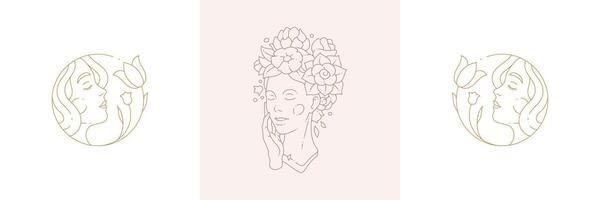 Magic nymphs tender female enchantresses in boho linear style illustrations set. vector