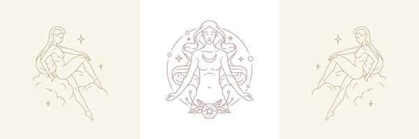 Magic female creature and woman on cloud in boho linear style illustrations set. vector