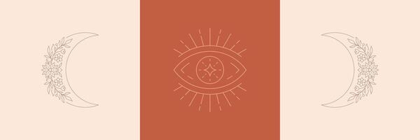 Magic eye and moon crescent with flowers in boho linear style illustrations set. vector