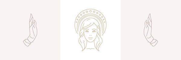 Magic woman face with halo and female praying hands gestures in boho linear style illustrations set vector