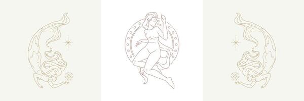 Magic female creature and mermaid in boho linear style illustrations set. vector