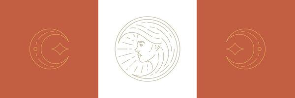 Magic woman and moon crescent with star in boho linear style illustrations set. vector
