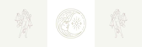 Magic woman face as moon crescent and female libra in boho linear style illustrations set. vector