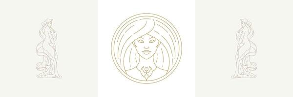 Magic woman circle head and female virgo in boho linear style illustrations set. vector