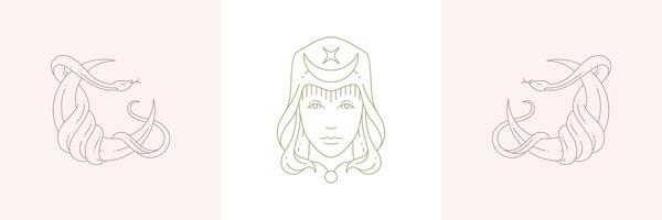 Magic woman enchantress head and crescent with curvy snakes in boho linear style illustrations set. vector