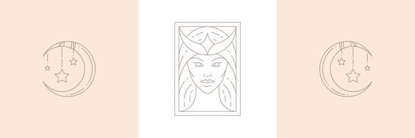 Magic woman face and moon crescent with stars in boho linear style illustrations set vector