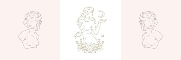 Female busts and magic woman with moon crescent in boho linear style illustrations set. vector