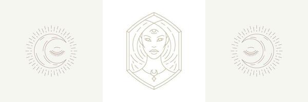 Magic woman and moon crescent with eye in boho linear style illustrations set. vector