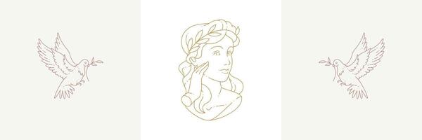 Woman bust and flying doves with olive branches in boho linear style illustrations set. vector