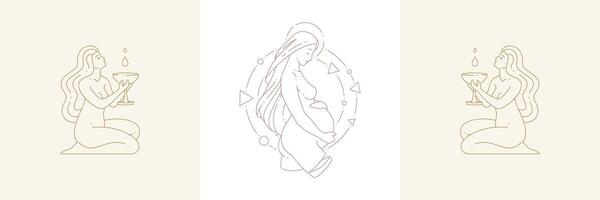 Pregant woman and fertility females with cups in boho linear style illustrations set. vector
