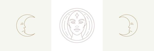 Magic woman and moon crescent in boho linear style illustrations set. vector