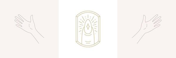 Praying woman hands and hiny finger with nail in boho linear style illustrations set. vector