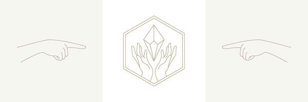 Woman hands with diamond in boho linear style illustrations set vector