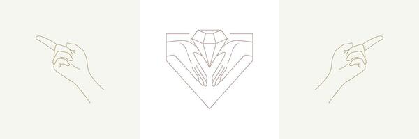 Woman hands with diamond in boho linear style illustrations set vector