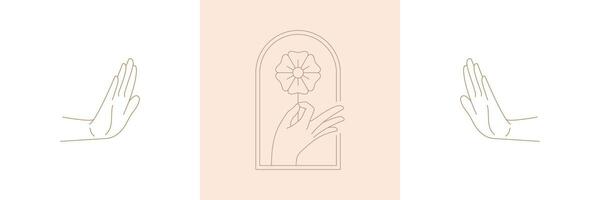 Hand holding flower and hands gesture in boho linear style illustrations set. vector