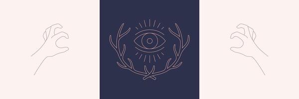 Antlers and hands with crooked fingers in boho linear style illustrations set. vector