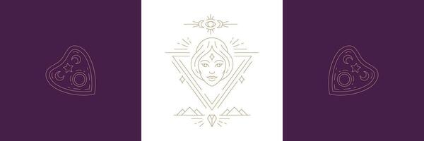 Magic woman face and ouija board pointer in boho linear style illustrations set. vector