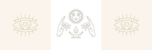 Ritual hands and sun with eye in boho linear style illustrations set. vector