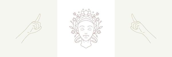 Mystical sorceress and linear hands in emblems vector