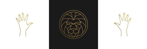 line elegant decoration design elements set - lion head and gesture hands illustrations minimal linear style vector