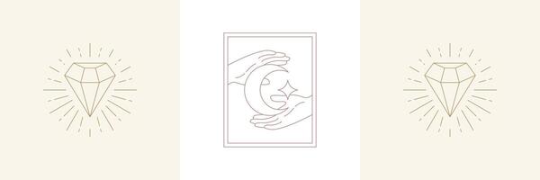 Woman hands with moon crescent and diamond in boho linear style illustrations set. vector