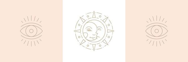 Magic sun with moon and eye of wisdom in boho linear style illustrations set. vector