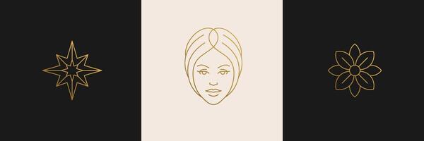 line feminine decoration design elements set - flower and female gesture hands illustrations minimal linear style vector
