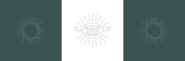 Magical eye of wisdom and sun in sparks in boho linear style illustrations set. vector
