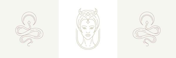 Magic woman enchantress head and crescent with curvy snakes in boho linear style illustrations set vector