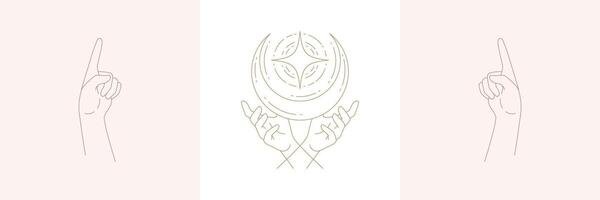 Woman hands and moon crescent in boho linear style illustrations set. vector