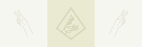 Woman hands gestures in boho linear style illustrations set. vector