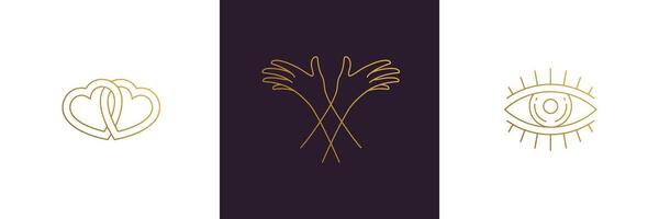 line elegant decoration design elements set - eye and female gesture hands illustrations minimal linear style vector